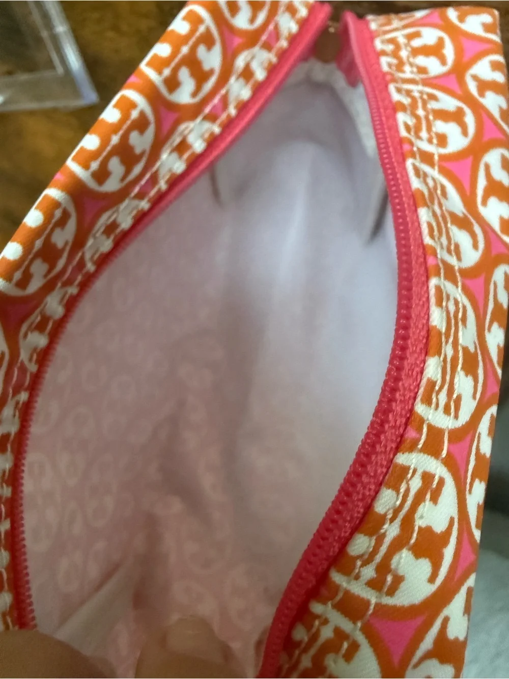 Two Tory Burch Pink and Orange Logo Zip Pouch